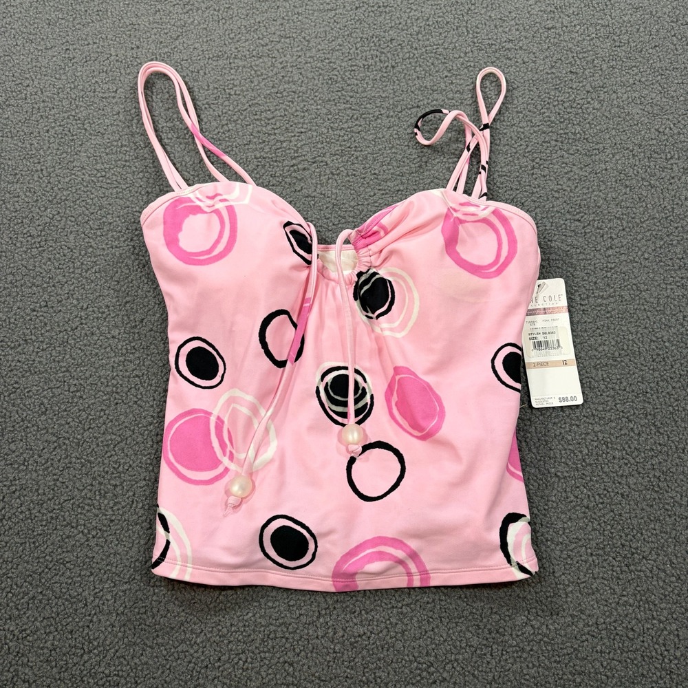 Anne Cole Tankini Top Women 12 Pink Frost S6L8363 Geometric Mod Y2K Swimwear